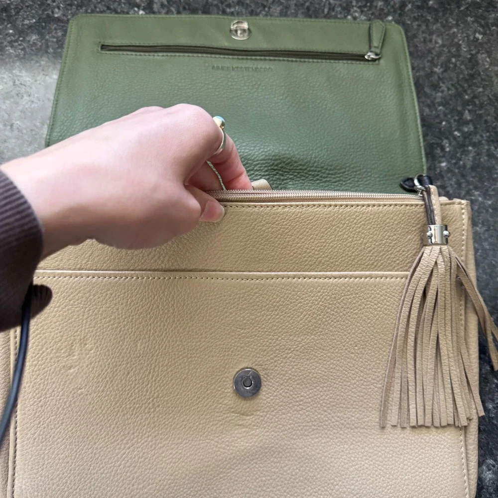 Aimee Kestenberg Pebble Leather Clutch Bag Green Beige Colorblock Tassel